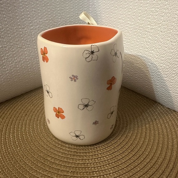Rae Dunn Cream Mug with Orange Interior and Floral Design - Picture 3 of 6